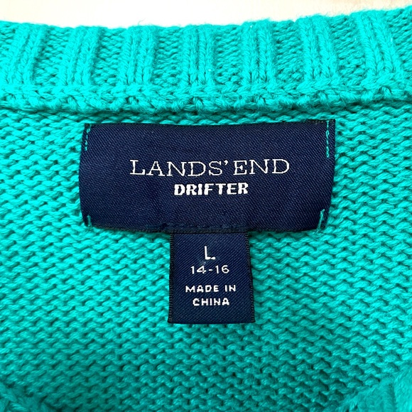 Land’s End Drifter Teal Cable Knit Sweater Sz L 100% Cotton Crew - Picture 3 of 5